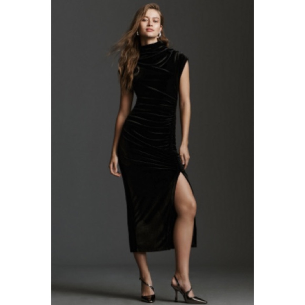Anthropologie Black Velvet Maya Stretch Cowl-Neck Dress
